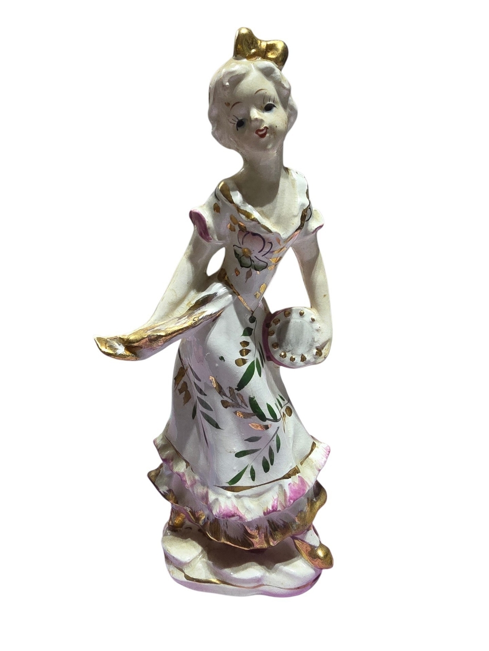 White and Gold Hand-Painted Porcelain Figurine with Green Floral Accents